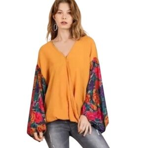 Umgee Women’s Crossover Faux Wrap Top Flounce Sleeves Orange Size Medium